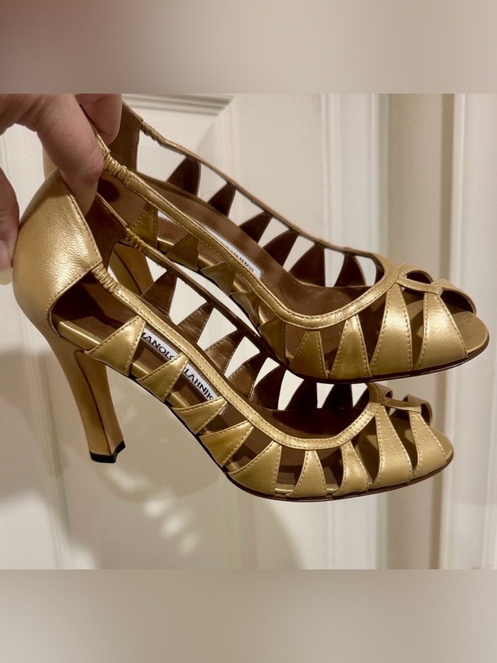 Manolo Blahnik Metallic Gold Cutout Peep-Toe Pumps/Size US 7/3.5” Heels/NWOT!!!!